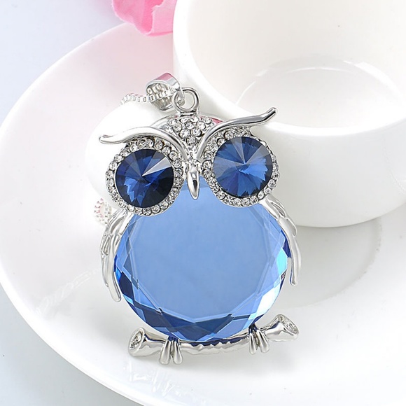 Blue Crystal/Rhinestone Owl Pendant Necklace - Picture 3 of 7